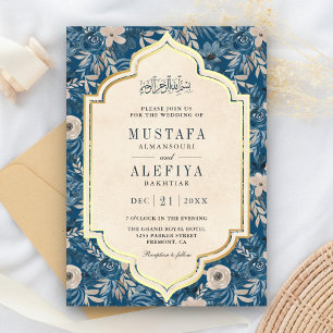 Antikes Creme Gold Blau Floral Muslimische Hochzei Einladung