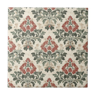 Antikes Damast Rot Grün Beige Fliese