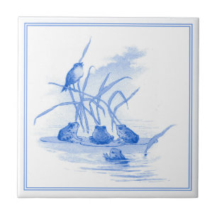 Antikes Delft Blau Art Nouveau Frösche und Vogel Fliese