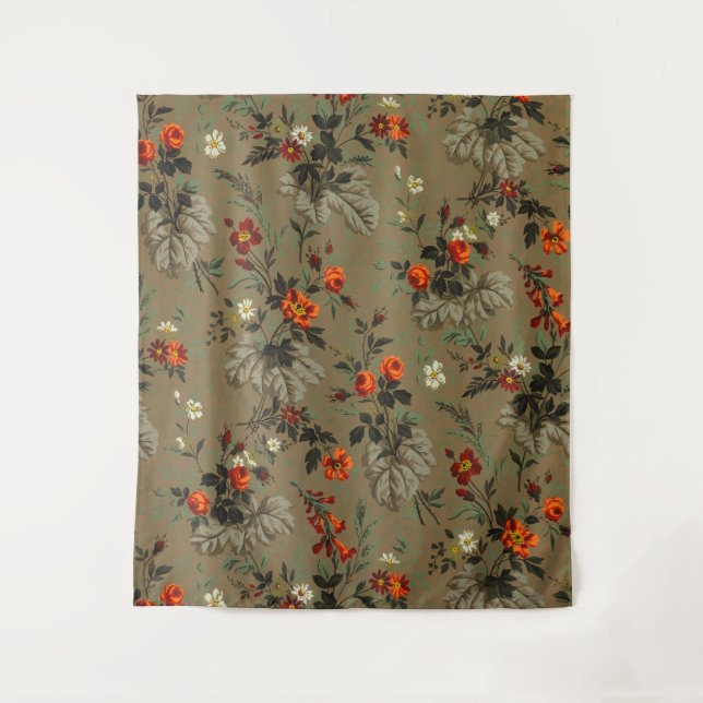 Antikes dunkles florales botanisches Muster orange Wandteppich (Vorderseite)