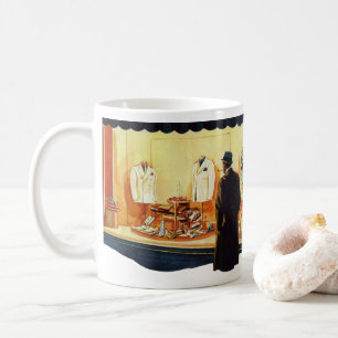 Antikes Einzelhandelsgeschäft, Mann beim Schaufens Kaffeetasse
