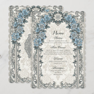 Antikes Elegantes Blau Silber Blumen Hochzeitsmenü Menükarte