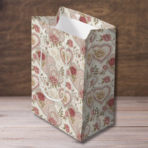 Antikes Elfenbein-Braun-Falten-Herzen-Rosen-Muster Mittlere Geschenktüte