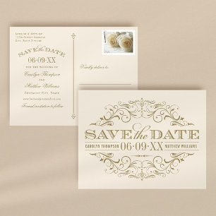 Antikes Elfenbein Gold Flourish Save-the-Date-Kart Ankündigungspostkarte