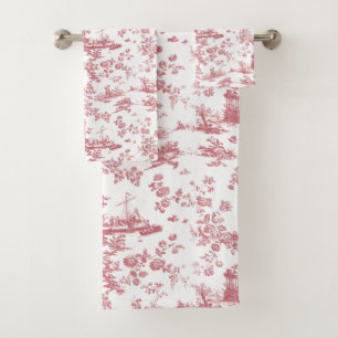 Antikes englisches Blumen-Toile de Jouy-Rosa Badhandtuch Set