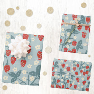 Antikes Erdbeer Cottagecore Blumiges Botanisches Geschenkpapier Set