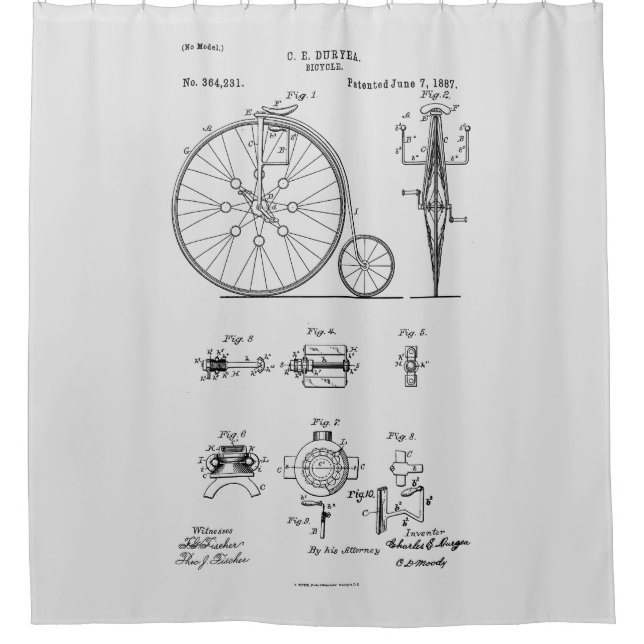 Antikes Fahrrad 1887 Penny Farthing Zeichnend Pate Duschvorhang (Vorderseite)