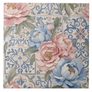 Antikes florales blaues Pfingstrosen-Fliesenmuster Fliese