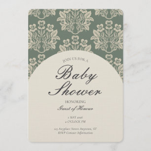 Antikes florales Damast-Baby-Shower Grün Beige Einladung