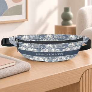 Antikes florales Damast Blau Toile de Jouy Monogra Bauchtasche