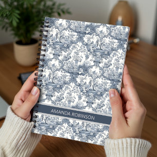 Antikes florales Damast Blau Toile de Jouy Monogra Notizblock