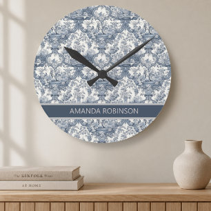 Antikes florales Damast Blau toile de jouy Monogra Runde Wanduhr