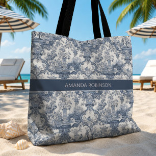 Antikes florales Damast Blau Toile de Jouy Monogra Tasche