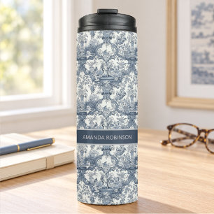 Antikes florales Damast Blau Toile de Jouy Monogra Thermosbecher