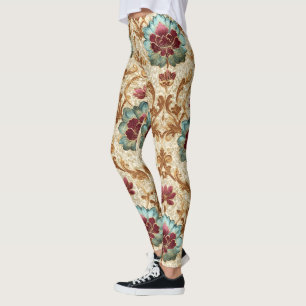 Antikes florales Damastmuster in Türkis und Burgun Leggings