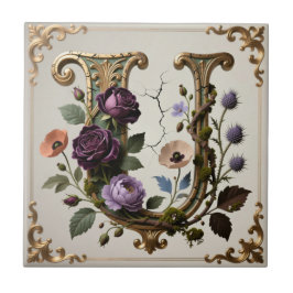 Antikes florales goldenes Buchstabe U Monogramm Fliese