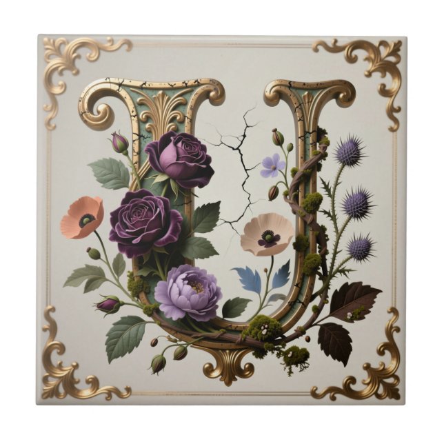 Antikes florales goldenes Buchstabe U Monogramm Fliese (Vorderseite)