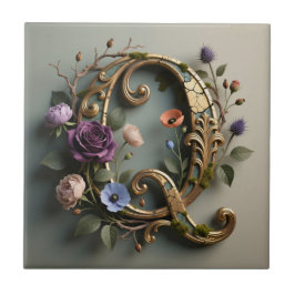 Antikes florales goldenes Monogramm Buchstabe Q Fliese