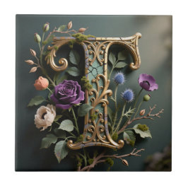 Antikes florales goldenes Monogramm Buchstabe T Fliese