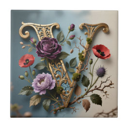 Antikes florales goldenes Monogramm Buchstabe V Fliese
