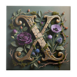 Antikes florales goldenes Monogramm Buchstabe X Fliese