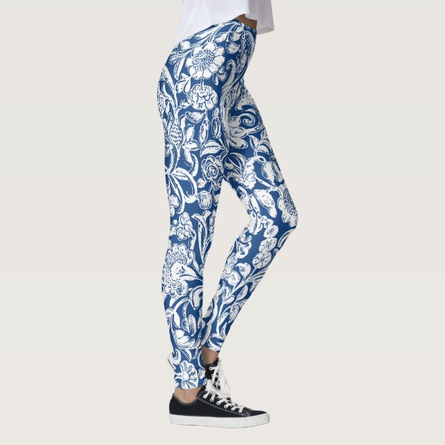 Antikes florales Weiß in Blau Leggings (Rechts)