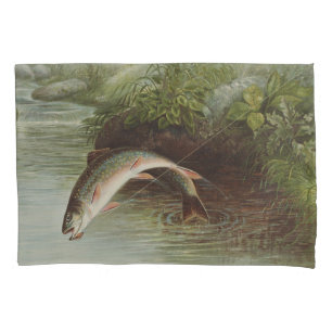 Antikes Fly-Fishing-Kunstwerk: Springende Bachfore Kissenbezug