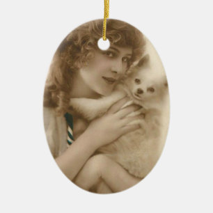 Antikes Foto einer viktorianischen Frau mit Hund Keramik Ornament