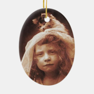 Antikes Foto Girl Cat auf Head Funny Keramikornament