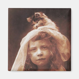 Antikes Foto Girl Cat auf Head Funny Magnet