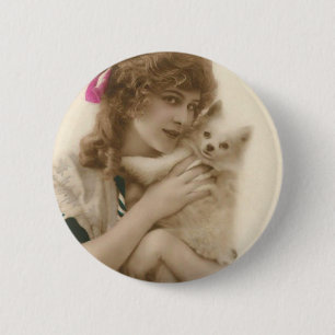 Antikes Foto Viktorianische Frau und Hund Button