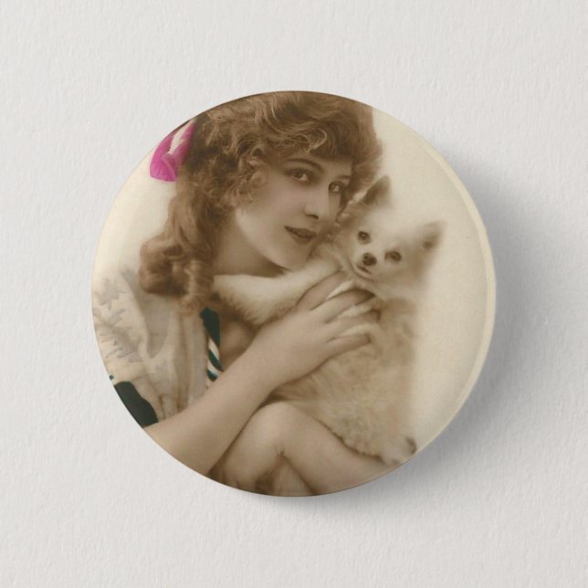 Antikes Foto Viktorianische Frau und Hund Button (Vorderseite)