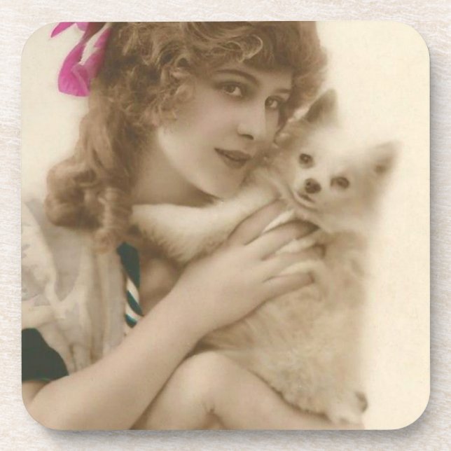 Antikes Foto Viktorianische Frau und Hund Getränkeuntersetzer (Vorderseite)