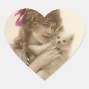 Antikes Foto Viktorianische Frau und Hund Herz-Aufkleber