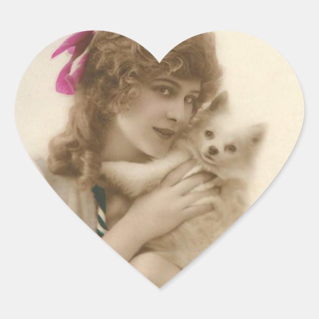 Antikes Foto Viktorianische Frau und Hund Herz-Aufkleber (Vorderseite)