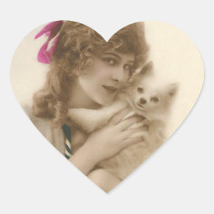 Antikes Foto Viktorianische Frau und Hund Herz-Aufkleber