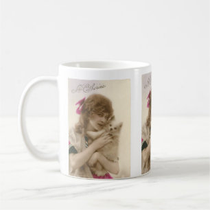 Antikes Foto Viktorianische Frau und Hund Kaffeetasse