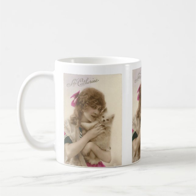 Antikes Foto Viktorianische Frau und Hund Kaffeetasse (Links)