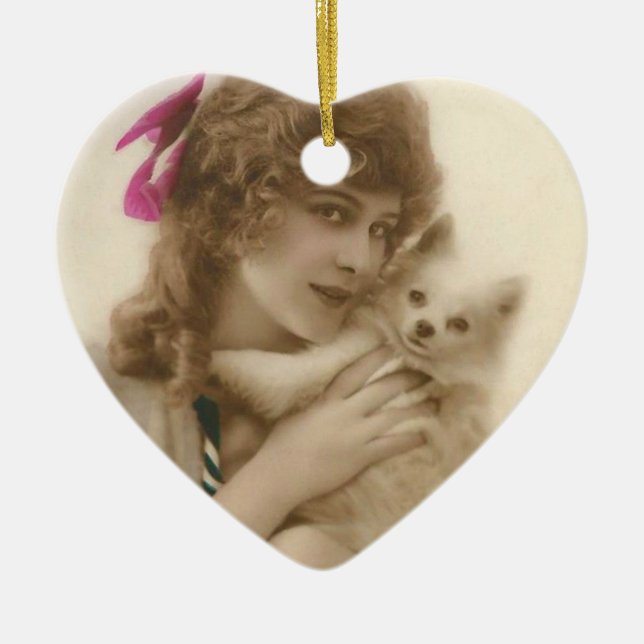 Antikes Foto Viktorianische Frau und Hund Keramikornament (Vorne)