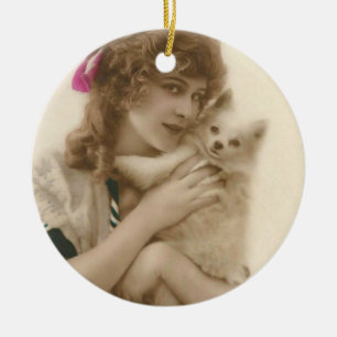Antikes Foto Viktorianische Frau und Hund Keramikornament