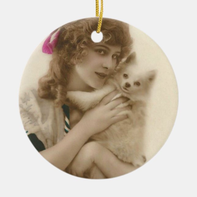 Antikes Foto Viktorianische Frau und Hund Keramikornament (Vorne)
