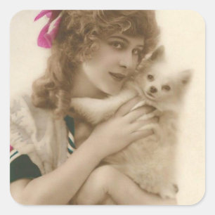 Antikes Foto Viktorianische Frau und Hund Quadratischer Aufkleber