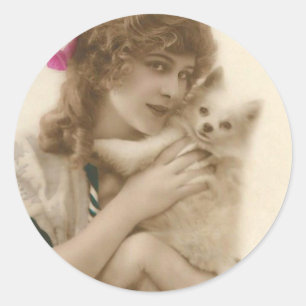 Antikes Foto Viktorianische Frau und Hund Runder Aufkleber