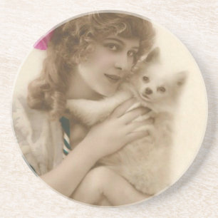 Antikes Foto Viktorianische Frau und Hund Untersetzer