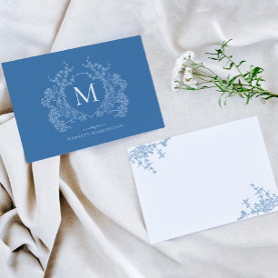 Antikes französisch Blaues Blumenwappen Monogramm Mitteilungskarte