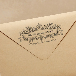 Antikes französisches Blumenband-Rücksendeadresse Gummistempel