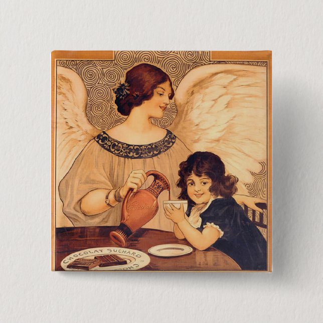 Antikes französisches Schokoladen-Engel-Plakat: Vi Button (Vorderseite)