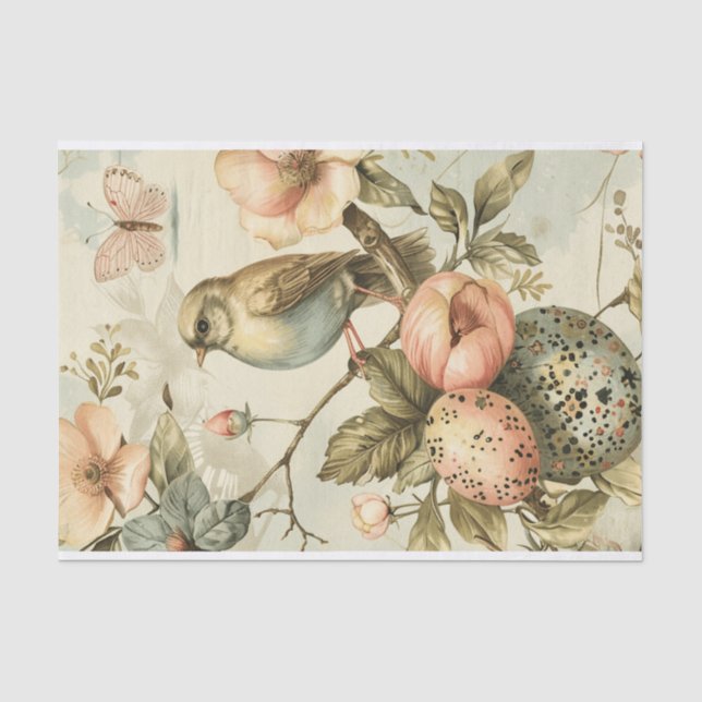 Antikes Frühlingsbird Flora Ostereier Decoupage Seidenpapier (Vorderseite)