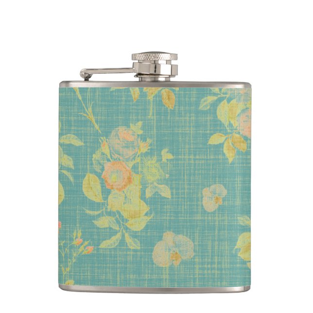 Antikes Frühlingsblumen Teal-Muster Flachmann (Vorderseite)