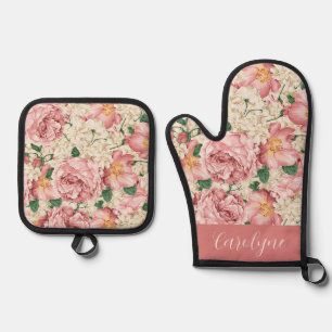 Antikes Gartengartenrosen- und Hortensien-Blumenmu Ofenhandschuh & Topflappen-Set